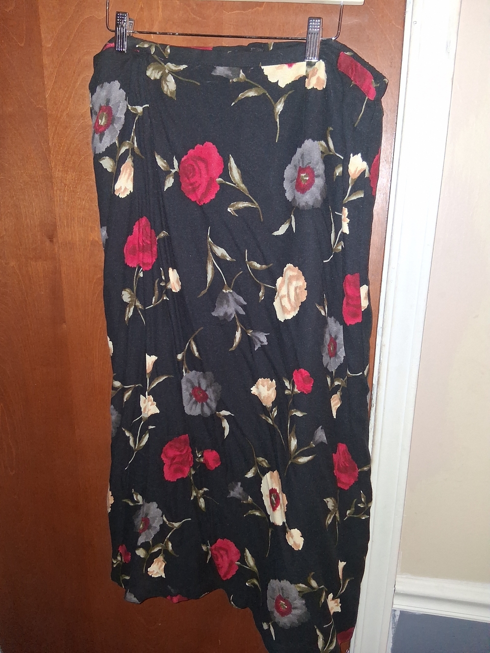 Sag Harbor Black Maxi Skirt with Red, Gray and Cream Floral Print